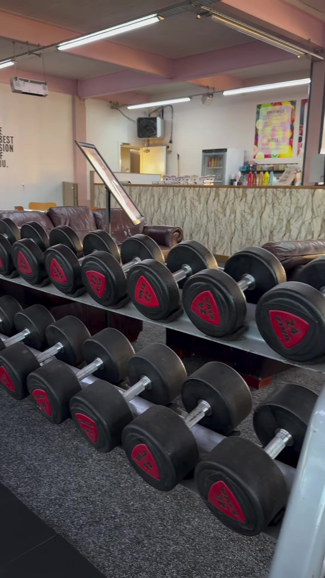 Rows of dumbbells lined up on racks